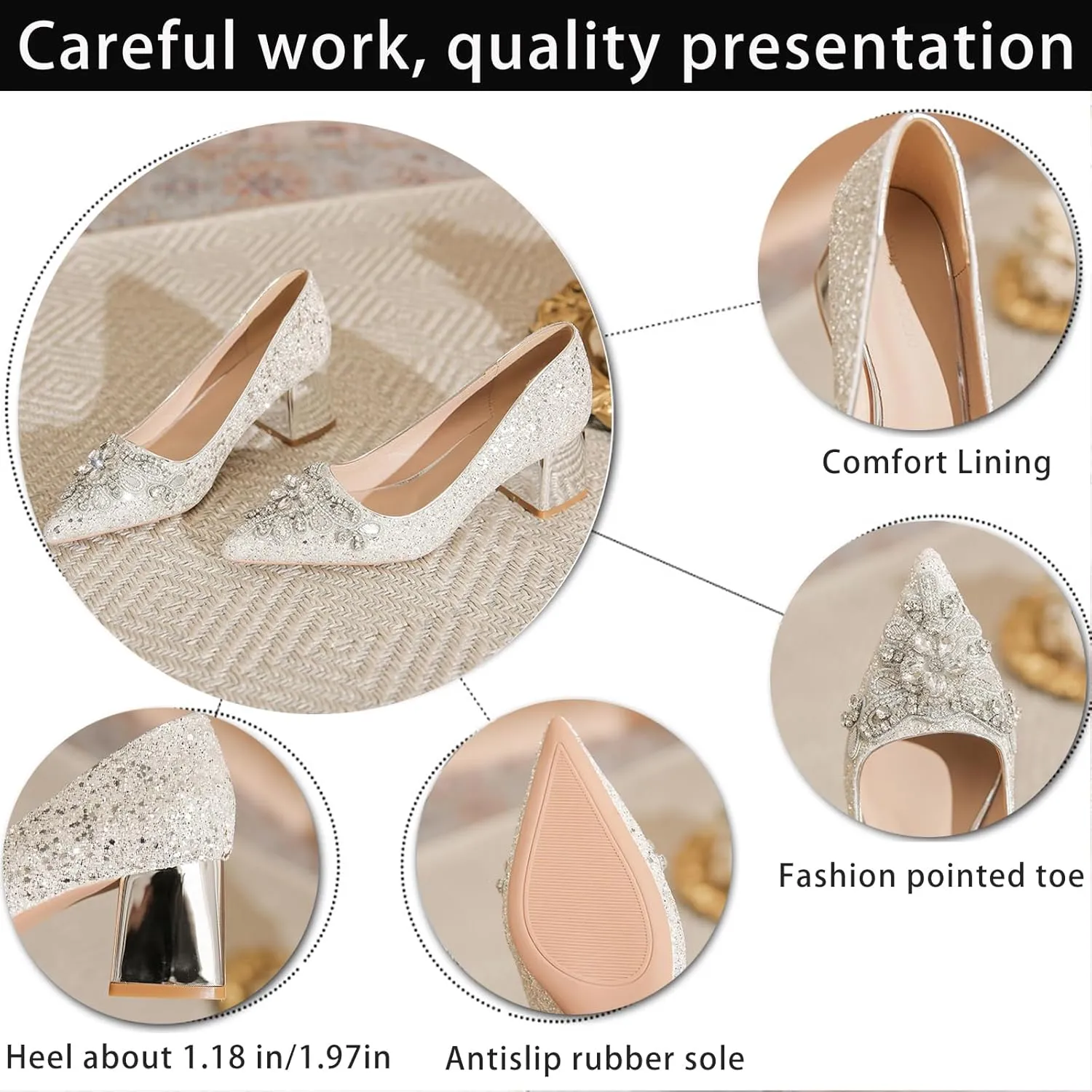 Women's Sequined Closed Pointed Toe Chunky Heel Pumps Comfortable Mid Block Heel Slip-On Dress Shoes for Party Date Prom Wedding