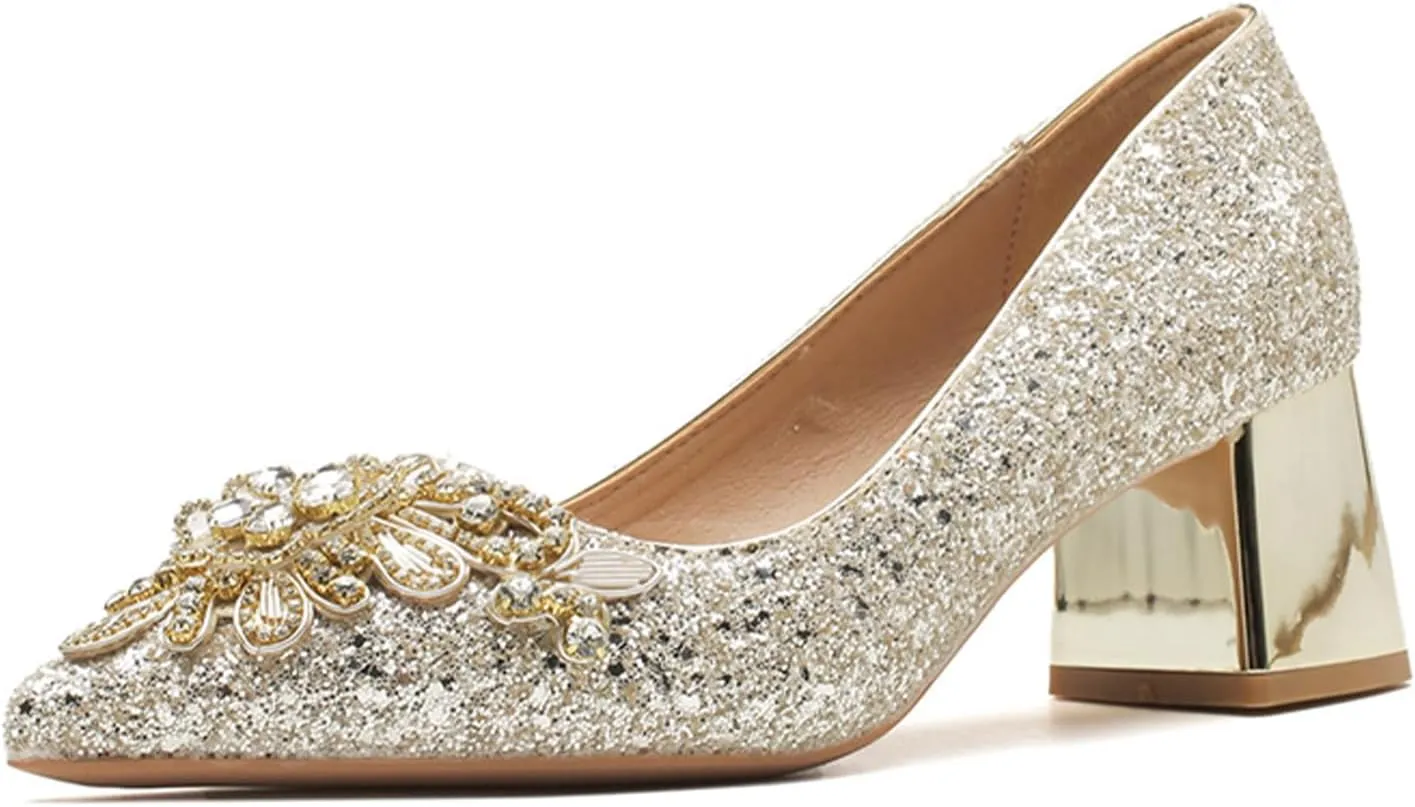 Women's Sequined Closed Pointed Toe Chunky Heel Pumps Comfortable Mid Block Heel Slip-On Dress Shoes for Party Date Prom Wedding