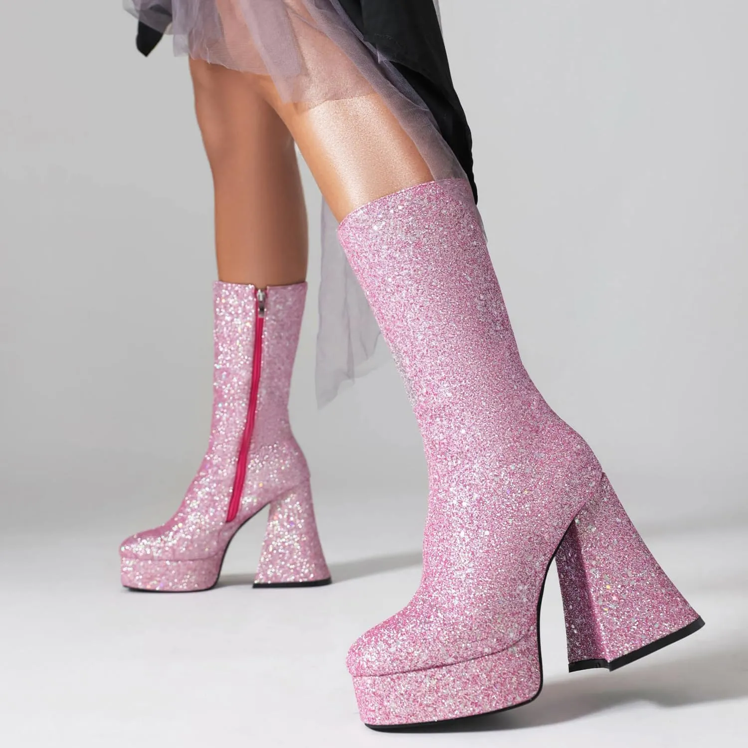 Women's Sexy Chunky Glitter Ankle Boots, Side Zipper High Heel Sparkly Sequin Platform Booties, Shiny Bling Fashion Dress Combat Boot