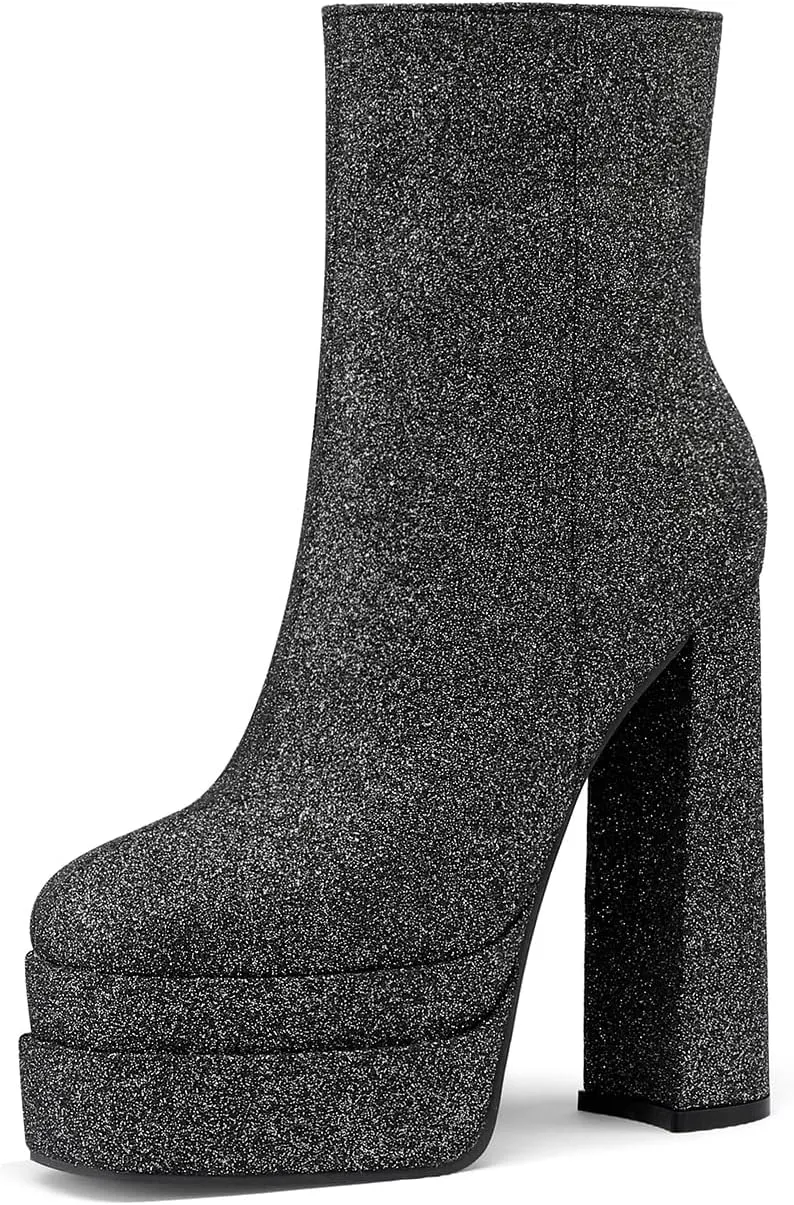Women's Sexy Chunky Glitter Ankle Boots, Side Zipper High Heel Sparkly Sequin Platform Booties, Shiny Bling Fashion Dress Combat Boot