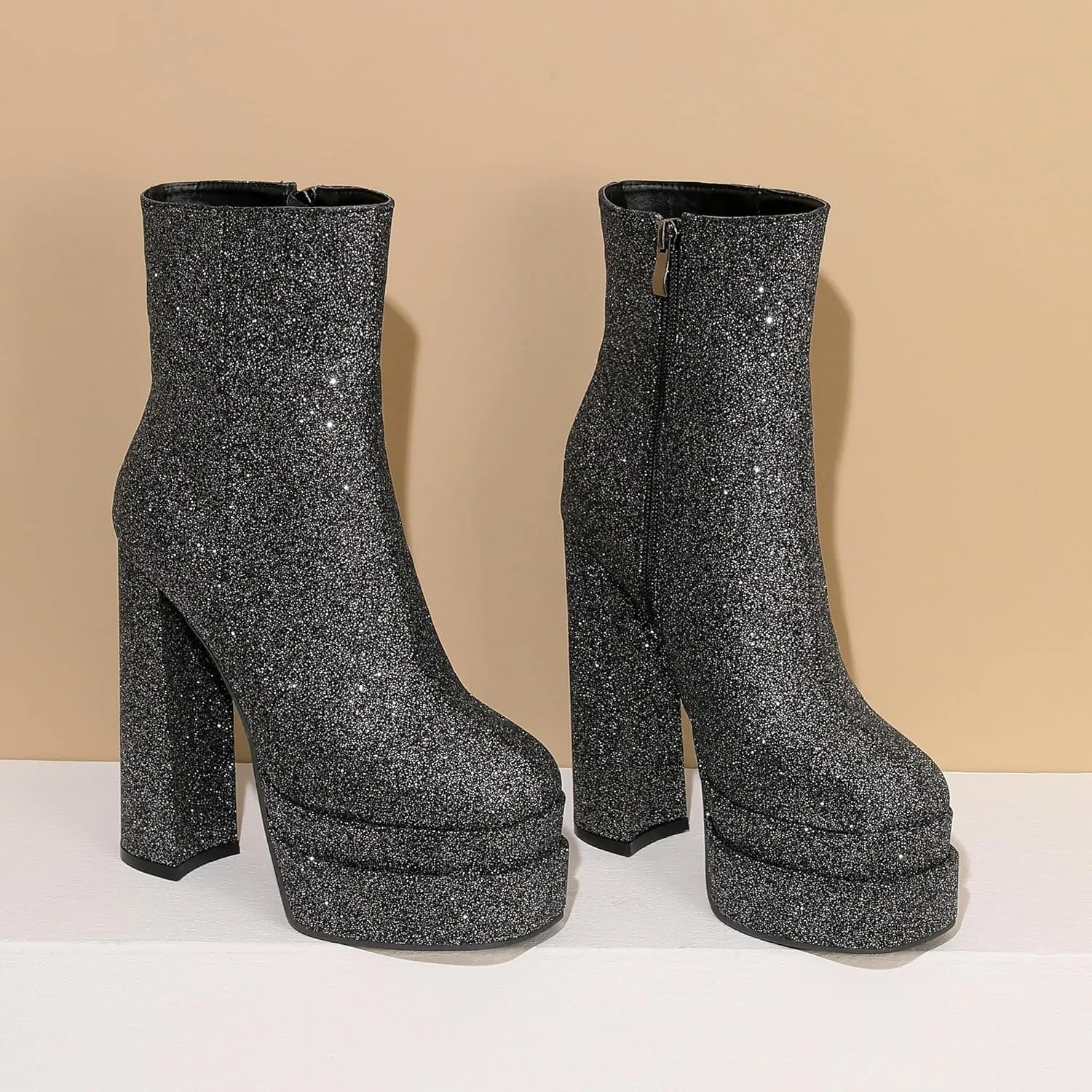 Women's Sexy Chunky Glitter Ankle Boots, Side Zipper High Heel Sparkly Sequin Platform Booties, Shiny Bling Fashion Dress Combat Boot