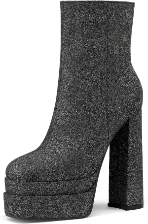 Women's Sexy Chunky Glitter Ankle Boots, Side Zipper High Heel Sparkly Sequin Platform Booties, Shiny Bling Fashion Dress Combat Boot
