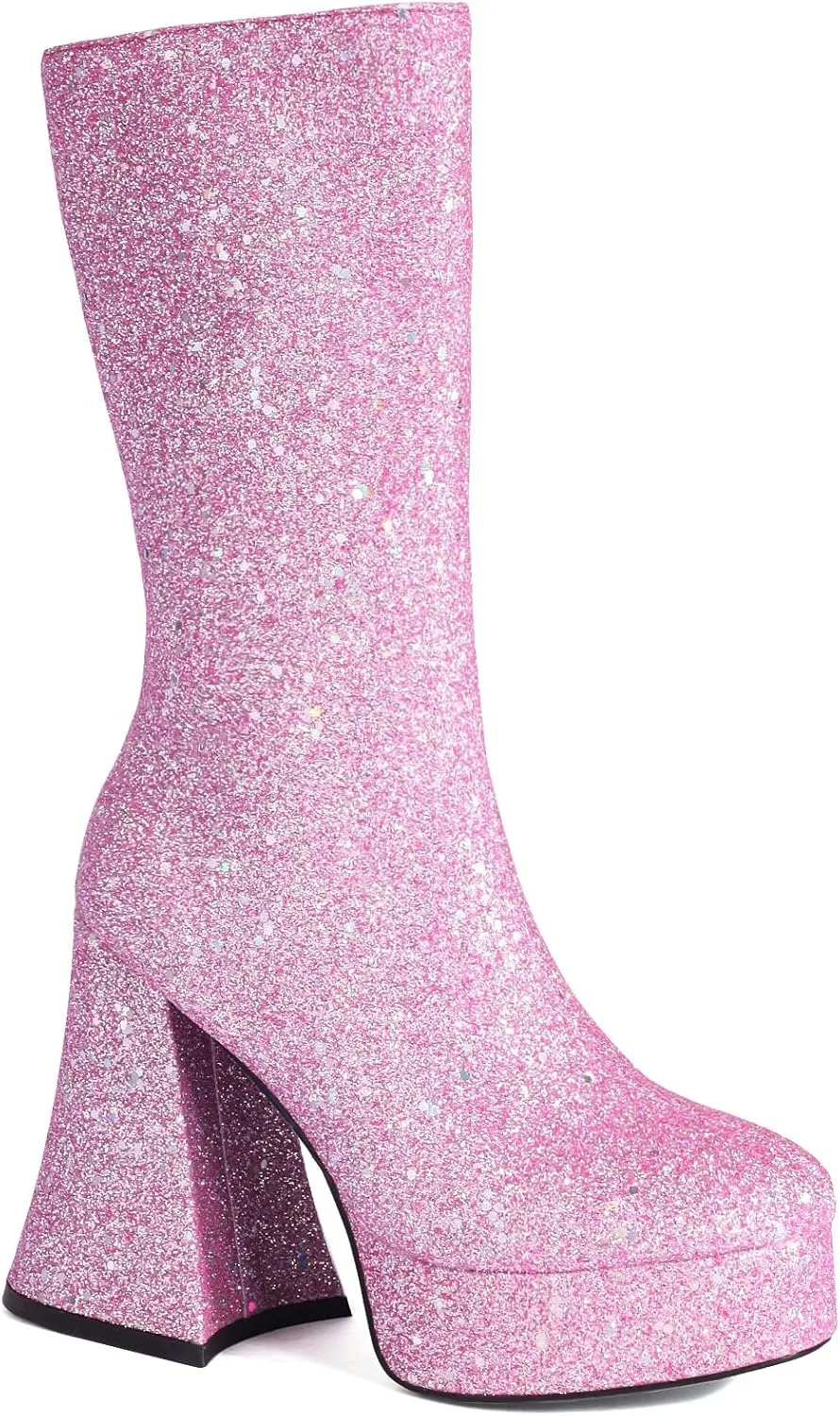 Women's Sexy Chunky Glitter Ankle Boots, Side Zipper High Heel Sparkly Sequin Platform Booties, Shiny Bling Fashion Dress Combat Boot