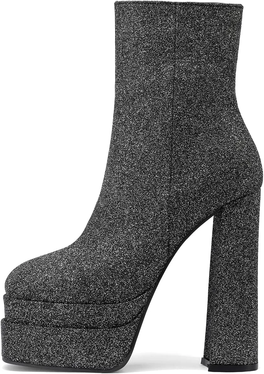 Women's Sexy Chunky Glitter Ankle Boots, Side Zipper High Heel Sparkly Sequin Platform Booties, Shiny Bling Fashion Dress Combat Boot