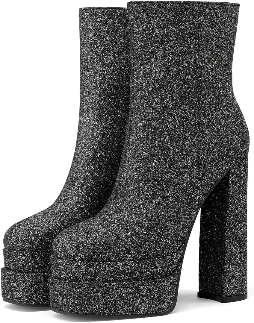 Women's Sexy Chunky Glitter Ankle Boots, Side Zipper High Heel Sparkly Sequin Platform Booties, Shiny Bling Fashion Dress Combat Boot