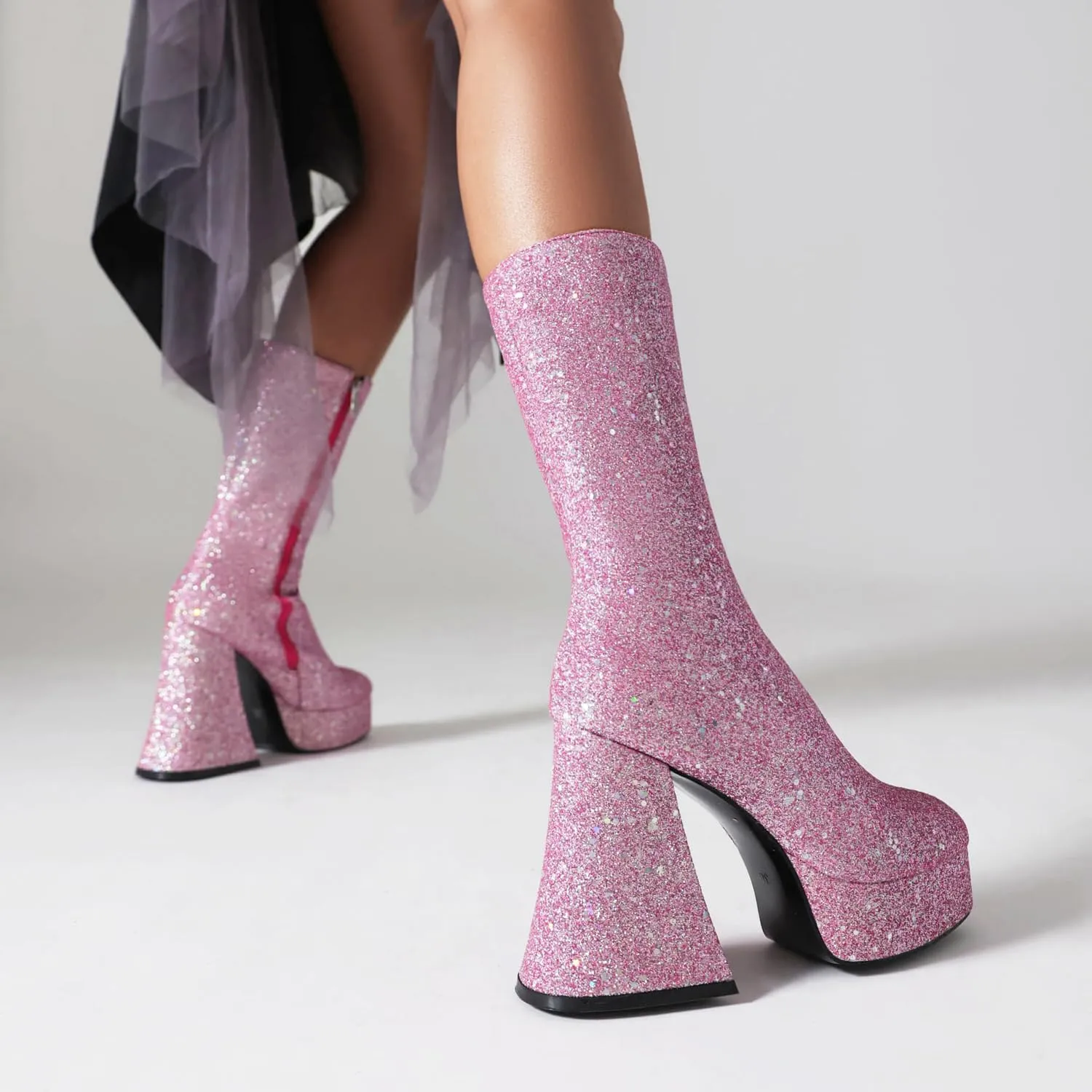 Women's Sexy Chunky Glitter Ankle Boots, Side Zipper High Heel Sparkly Sequin Platform Booties, Shiny Bling Fashion Dress Combat Boot