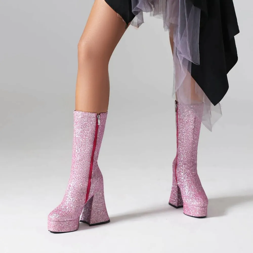 Women's Sexy Chunky Glitter Ankle Boots, Side Zipper High Heel Sparkly Sequin Platform Booties, Shiny Bling Fashion Dress Combat Boot