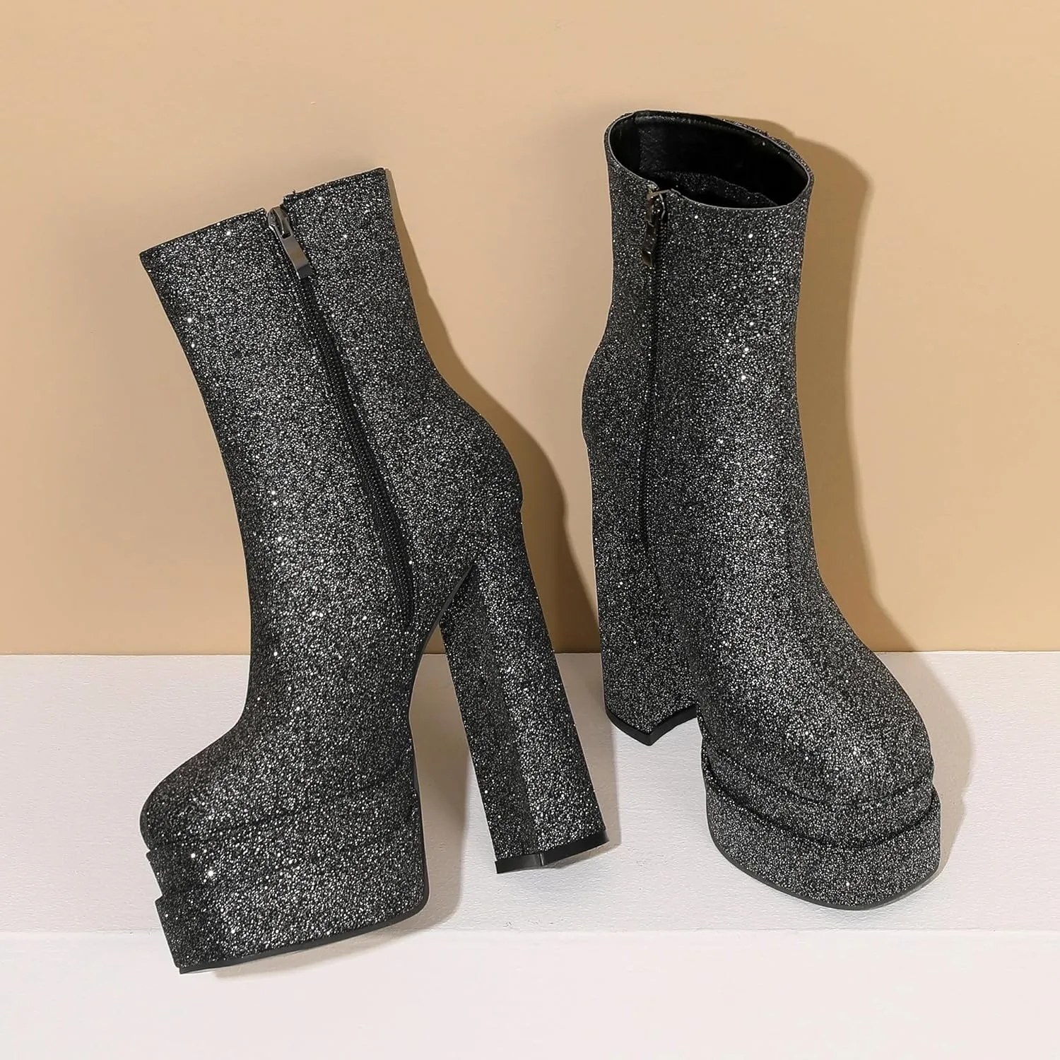 Women's Sexy Chunky Glitter Ankle Boots, Side Zipper High Heel Sparkly Sequin Platform Booties, Shiny Bling Fashion Dress Combat Boot