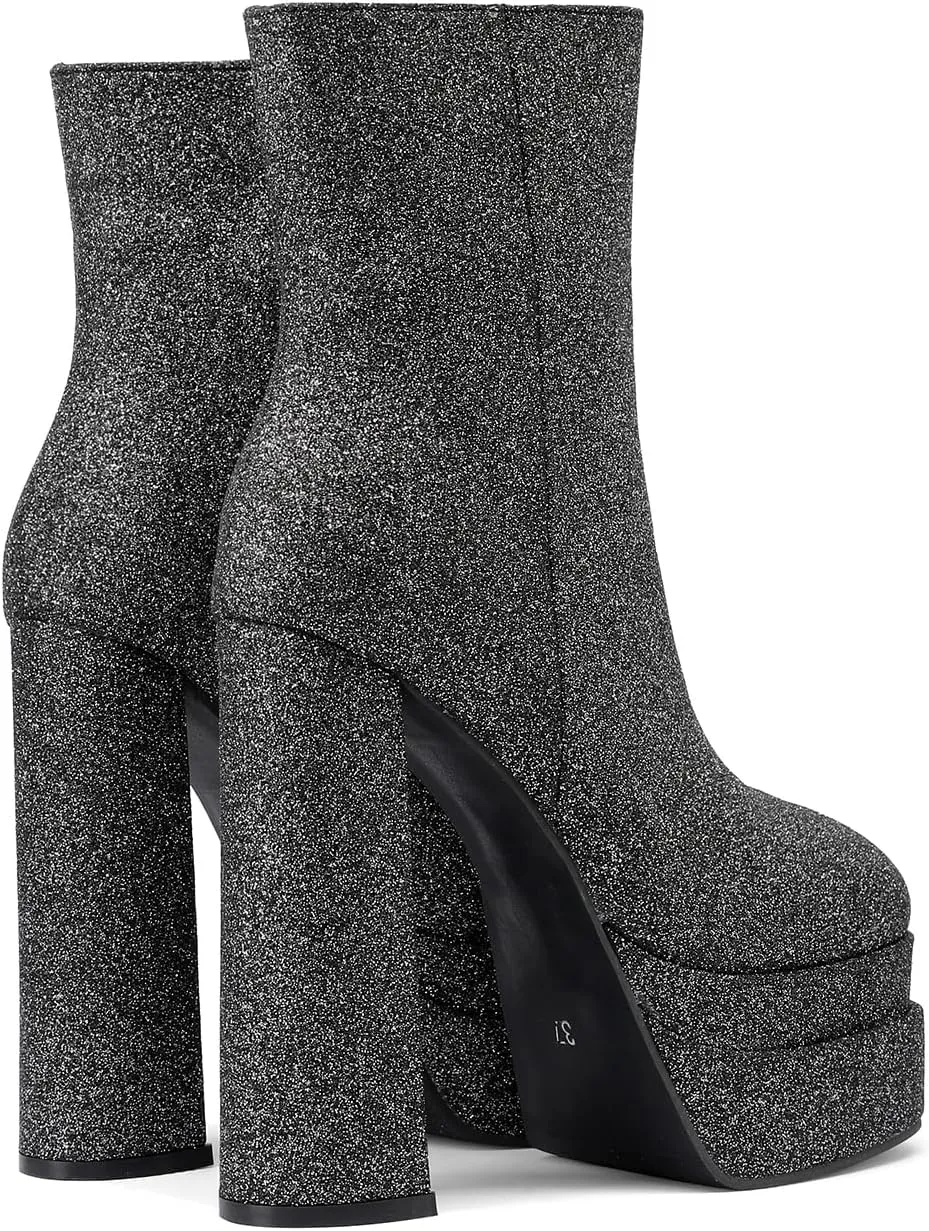 Women's Sexy Chunky Glitter Ankle Boots, Side Zipper High Heel Sparkly Sequin Platform Booties, Shiny Bling Fashion Dress Combat Boot