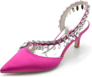 Women's Slingback Wedding Shoes for Bridal Mid Heel Heels Sandals with Crystal Pointed Closed Toe Evening Dress Pumps