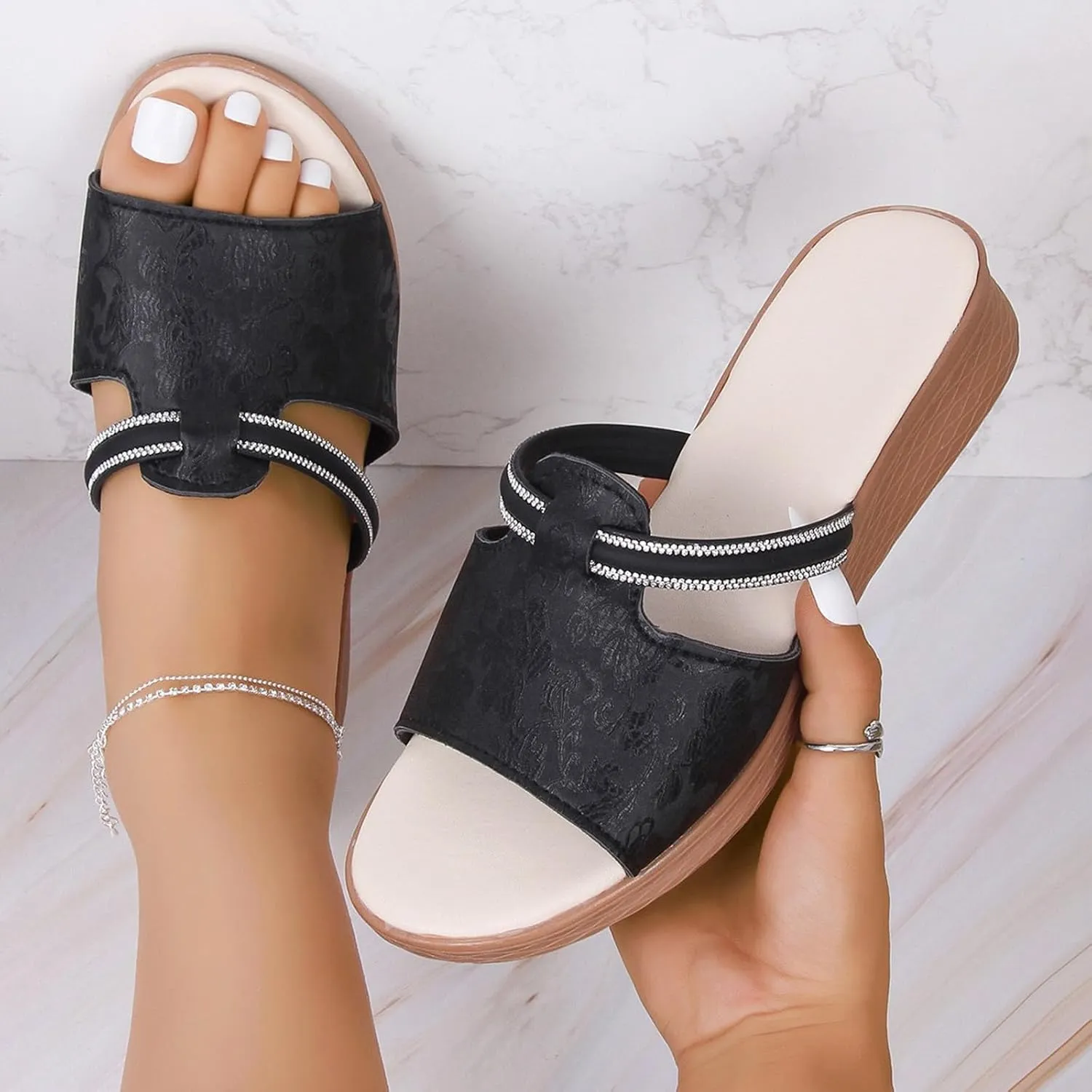 Women's Soft Wedge Soled Sandal Summer Simple Dark Print Fish Mouth Slope Heel Large Size Arch Adjustable Sandals