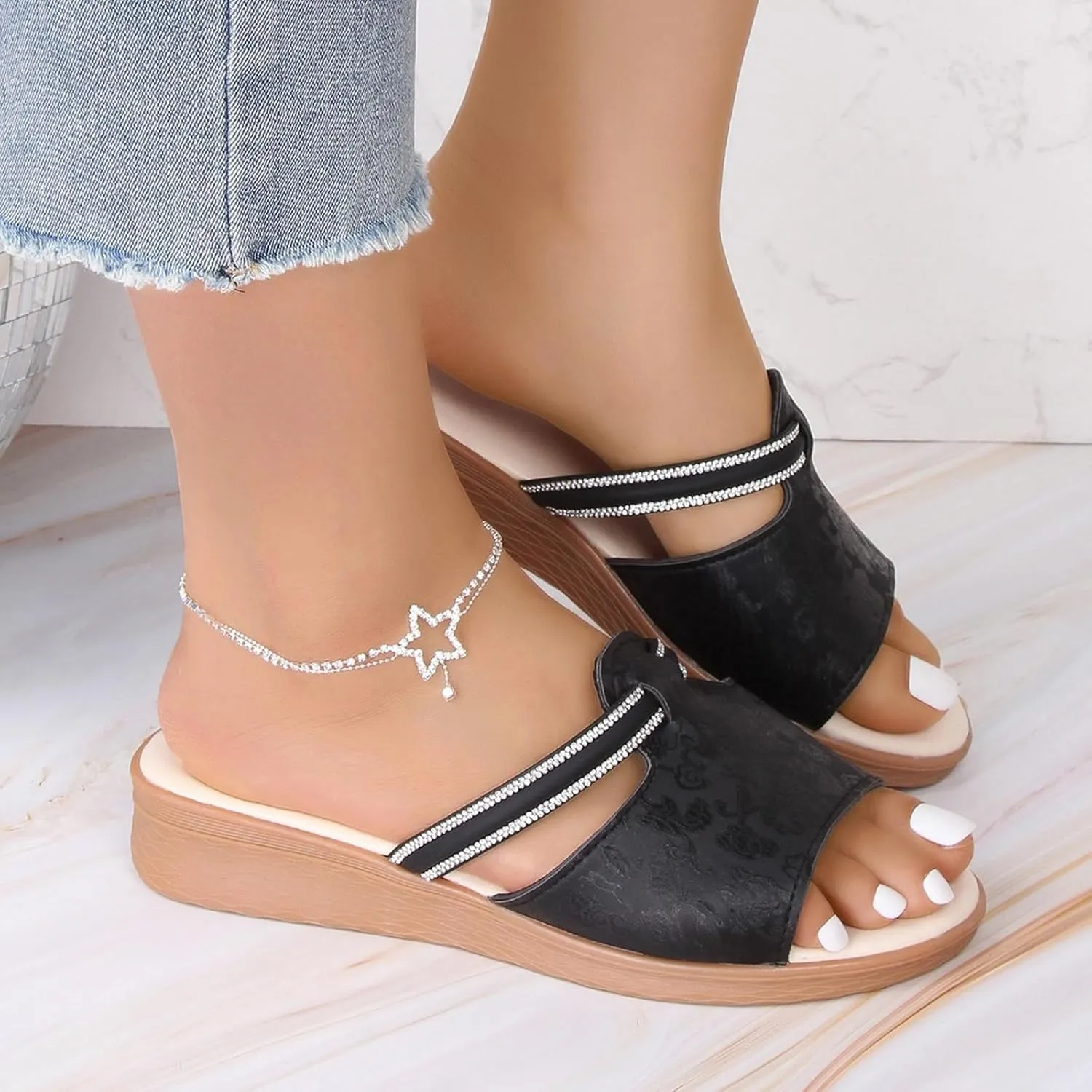 Women's Soft Wedge Soled Sandal Summer Simple Dark Print Fish Mouth Slope Heel Large Size Arch Adjustable Sandals