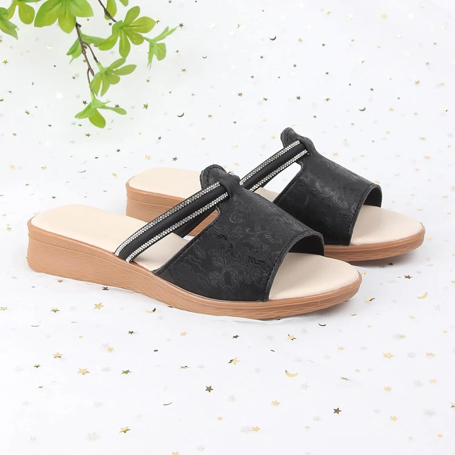 Women's Soft Wedge Soled Sandal Summer Simple Dark Print Fish Mouth Slope Heel Large Size Arch Adjustable Sandals