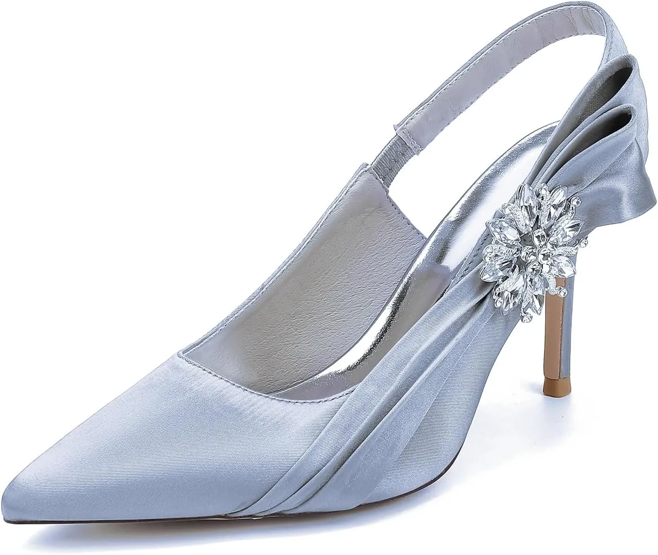 Women's Stiletto Heel Slingback Pumps Pointed Toe Satin Diamante Wedding Bridal Evening Court Shoes