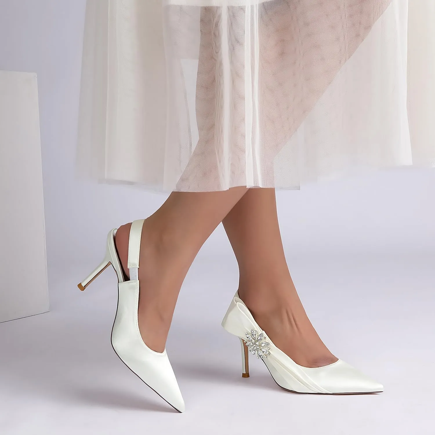 Women's Stiletto Heel Slingback Pumps Pointed Toe Satin Diamante Wedding Bridal Evening Court Shoes