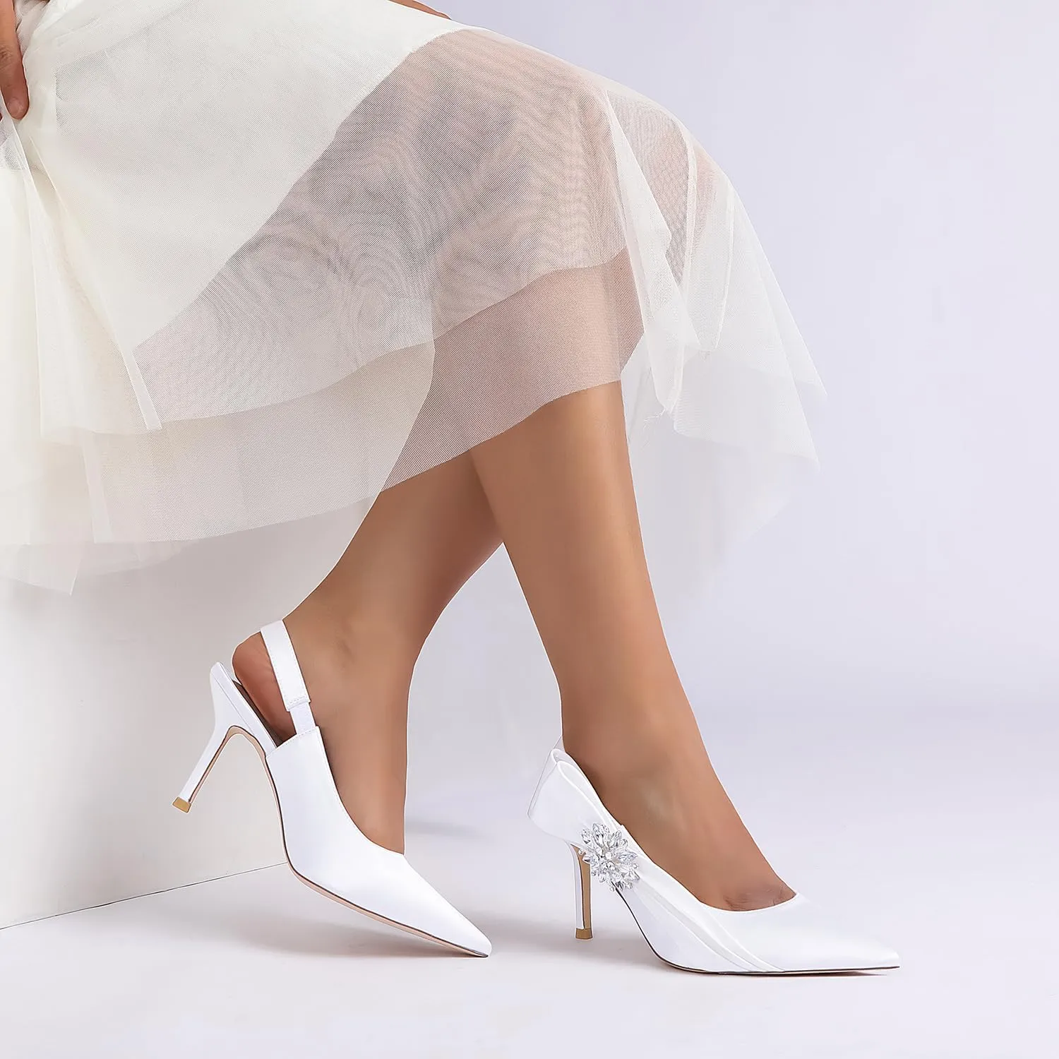 Women's Stiletto Heel Slingback Pumps Pointed Toe Satin Diamante Wedding Bridal Evening Court Shoes