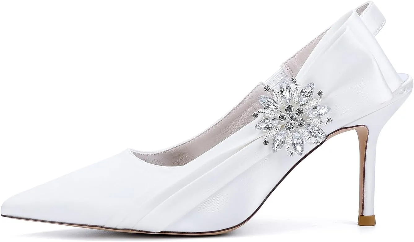 Women's Stiletto Heel Slingback Pumps Pointed Toe Satin Diamante Wedding Bridal Evening Court Shoes