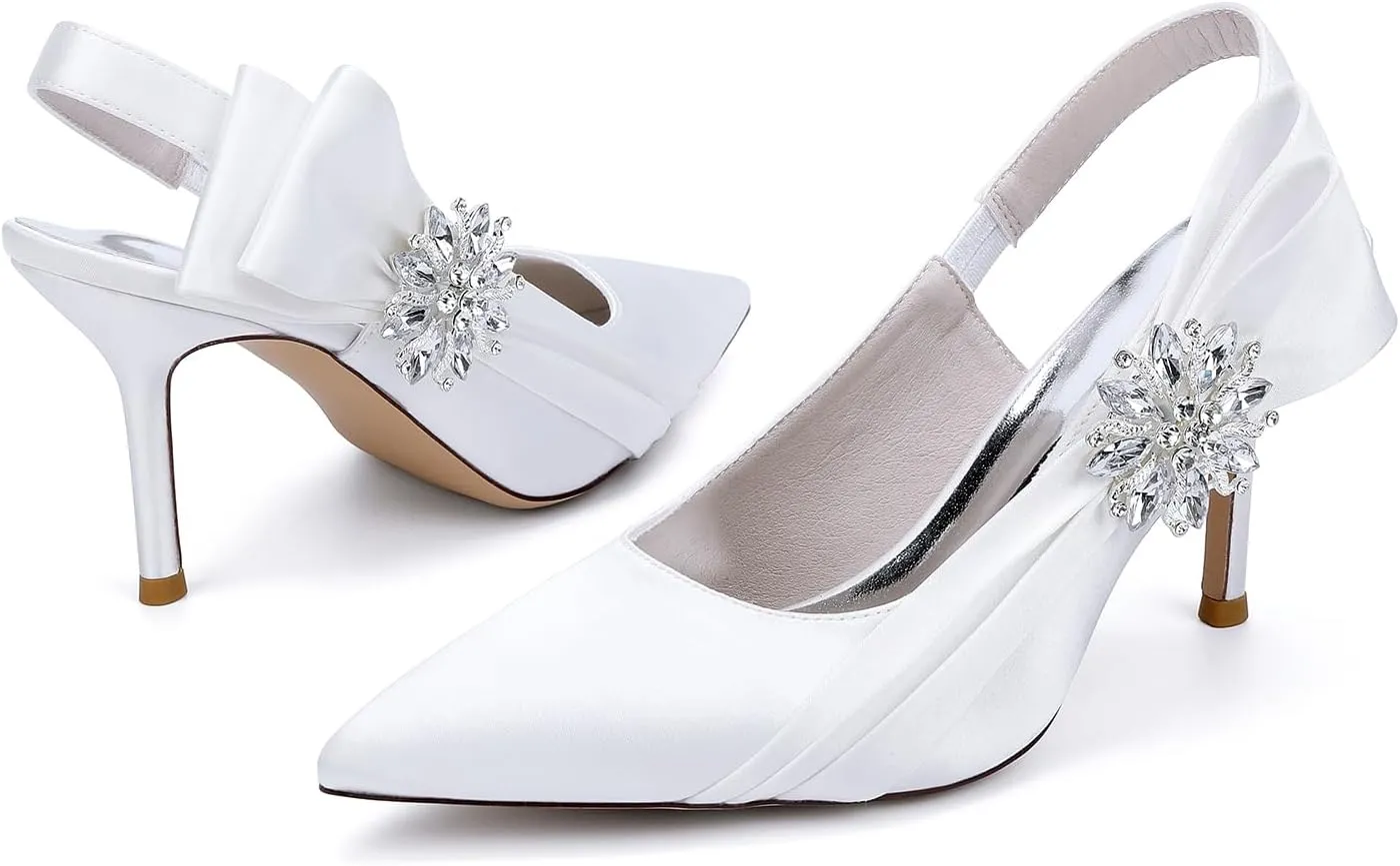 Women's Stiletto Heel Slingback Pumps Pointed Toe Satin Diamante Wedding Bridal Evening Court Shoes