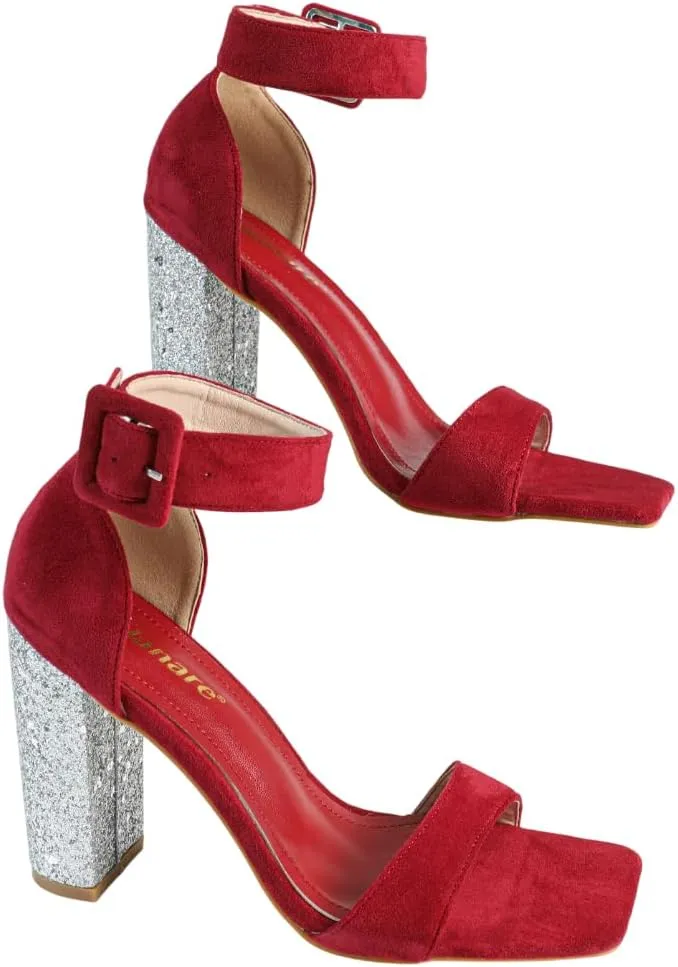 Women's Suede High Heel Sandals – Elegant Wide-Strap Block Heels with Sequin Detail, Fashionable Party Shoes for Dinners & Events