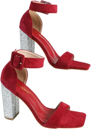 Women's Suede High Heel Sandals – Elegant Wide-Strap Block Heels with Sequin Detail, Fashionable Party Shoes for Dinners & Events