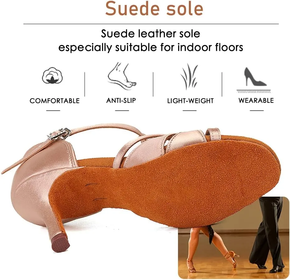 Women's T Strap Latin Dance Shoes Silk Satin Ballroom Salsa Dance Heels
