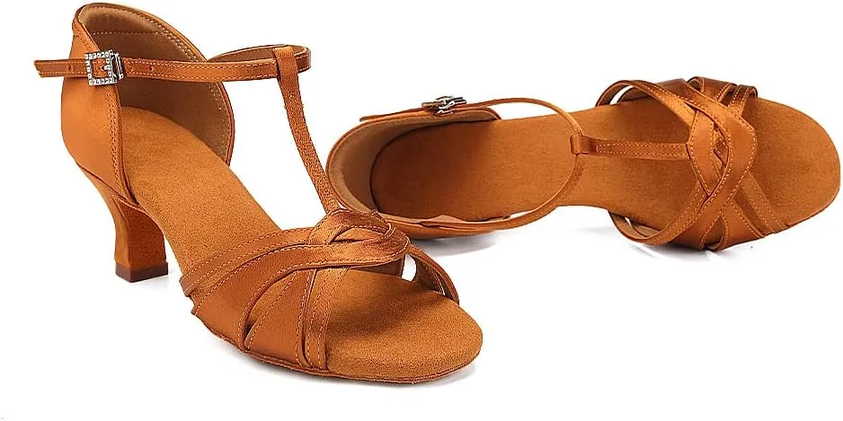 Women's T Strap Latin Dance Shoes Silk Satin Ballroom Salsa Dance Heels