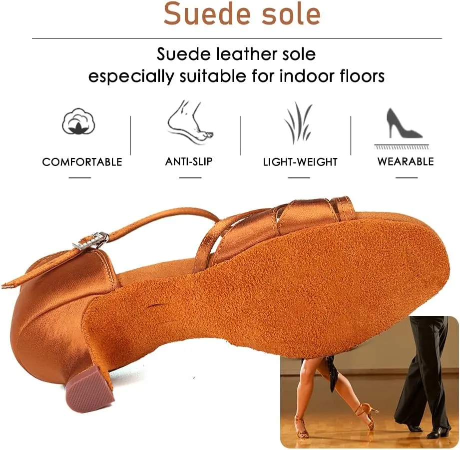 Women's T Strap Latin Dance Shoes Silk Satin Ballroom Salsa Dance Heels