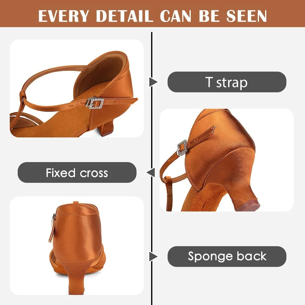 Women's T Strap Latin Dance Shoes Silk Satin Ballroom Salsa Dance Heels