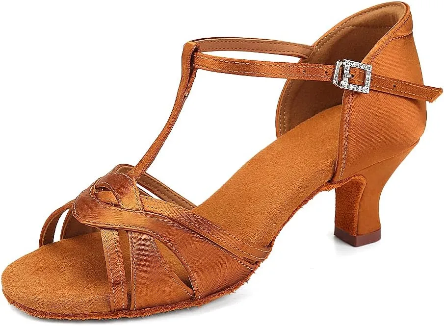 Women's T Strap Latin Dance Shoes Silk Satin Ballroom Salsa Dance Heels
