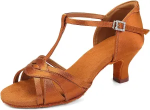 Women's T Strap Latin Dance Shoes Silk Satin Ballroom Salsa Dance Heels
