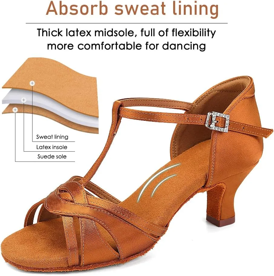 Women's T Strap Latin Dance Shoes Silk Satin Ballroom Salsa Dance Heels