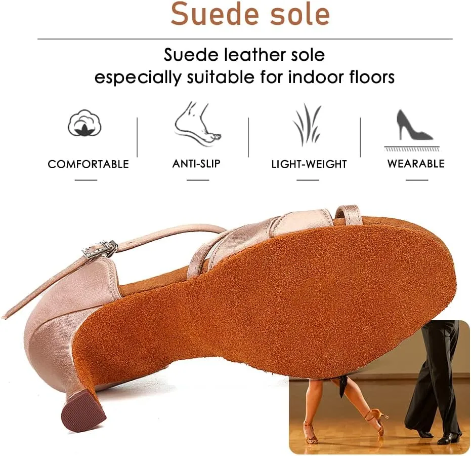 Women's T Strap Latin Dance Shoes Silk Satin Ballroom Salsa Dance Heels