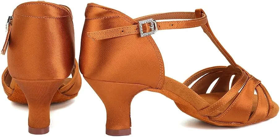 Women's T Strap Latin Dance Shoes Silk Satin Ballroom Salsa Dance Heels