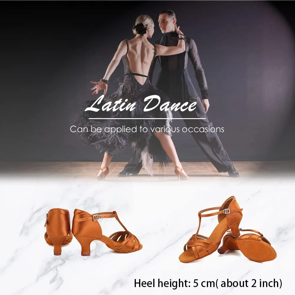 Women's T Strap Latin Dance Shoes Silk Satin Ballroom Salsa Dance Heels
