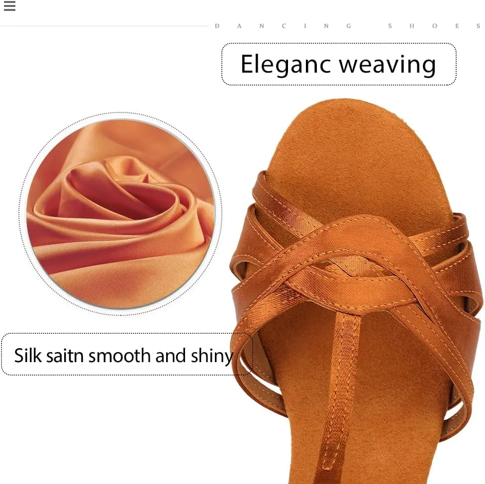Women's T Strap Latin Dance Shoes Silk Satin Ballroom Salsa Dance Heels