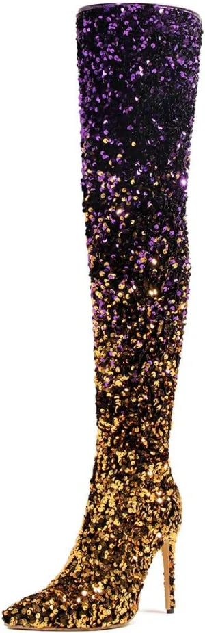 Women's Thigh High Glitter Boots Over The Knee Sexy Stilettos High Heel Boots Rhinestone Sequin Side Zipper Sparkly Ladies Party Dress Boots