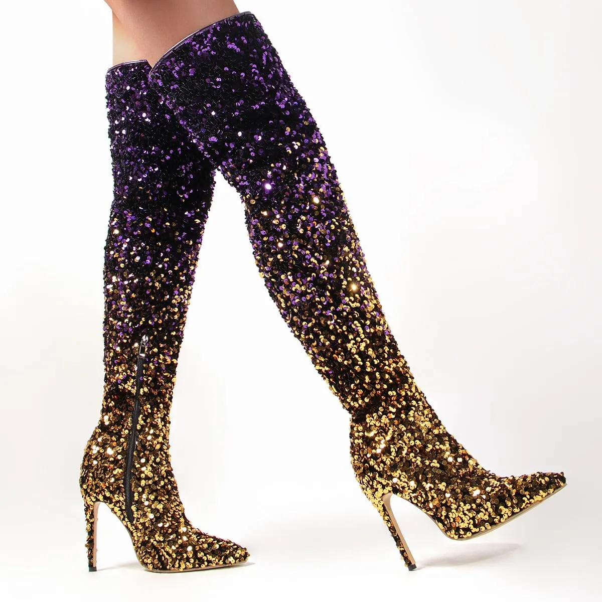 Women's Thigh High Glitter Boots Over The Knee Sexy Stilettos High Heel Boots Rhinestone Sequin Side Zipper Sparkly Ladies Party Dress Boots