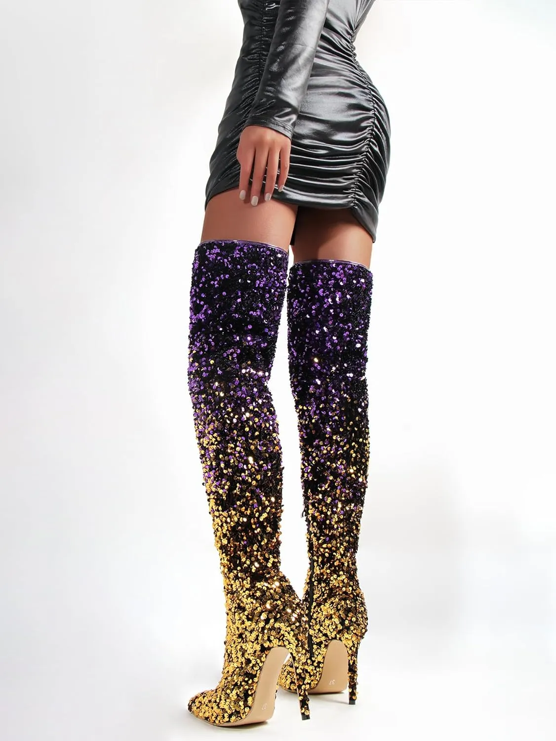 Women's Thigh High Glitter Boots Over The Knee Sexy Stilettos High Heel Boots Rhinestone Sequin Side Zipper Sparkly Ladies Party Dress Boots