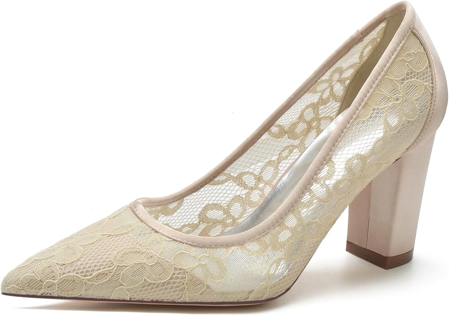 Women's Wedding Shoes Closed Toe Chunky High Heel Shoes Lace Satin Pumps Slip on Bridal Bridesmaid Pointed Toe Sandals