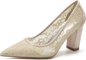 Women's Wedding Shoes Closed Toe Chunky High Heel Shoes Lace Satin Pumps Slip on Bridal Bridesmaid Pointed Toe Sandals