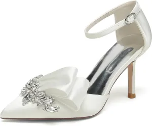Women's Wedding Shoes for Bride High Heels Pointed Toe Rhinestone Shoes Satin Heels Prom Party Dress Ankle Buckle Sandals