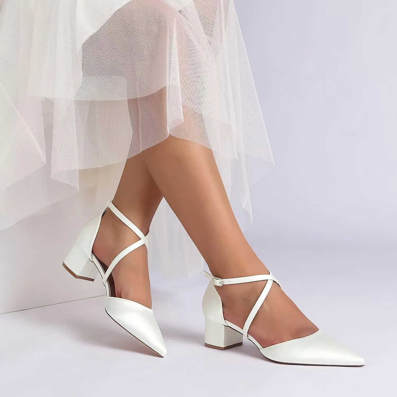 Women's Wedding Shoes for Bride Satin Pumps Low Chunky Block Heel Pointed Closed Toe Dress Shoes