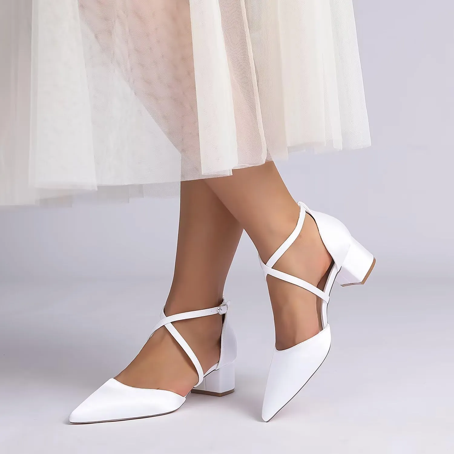 Women's Wedding Shoes for Bride Satin Pumps Low Chunky Block Heel Pointed Closed Toe Dress Shoes