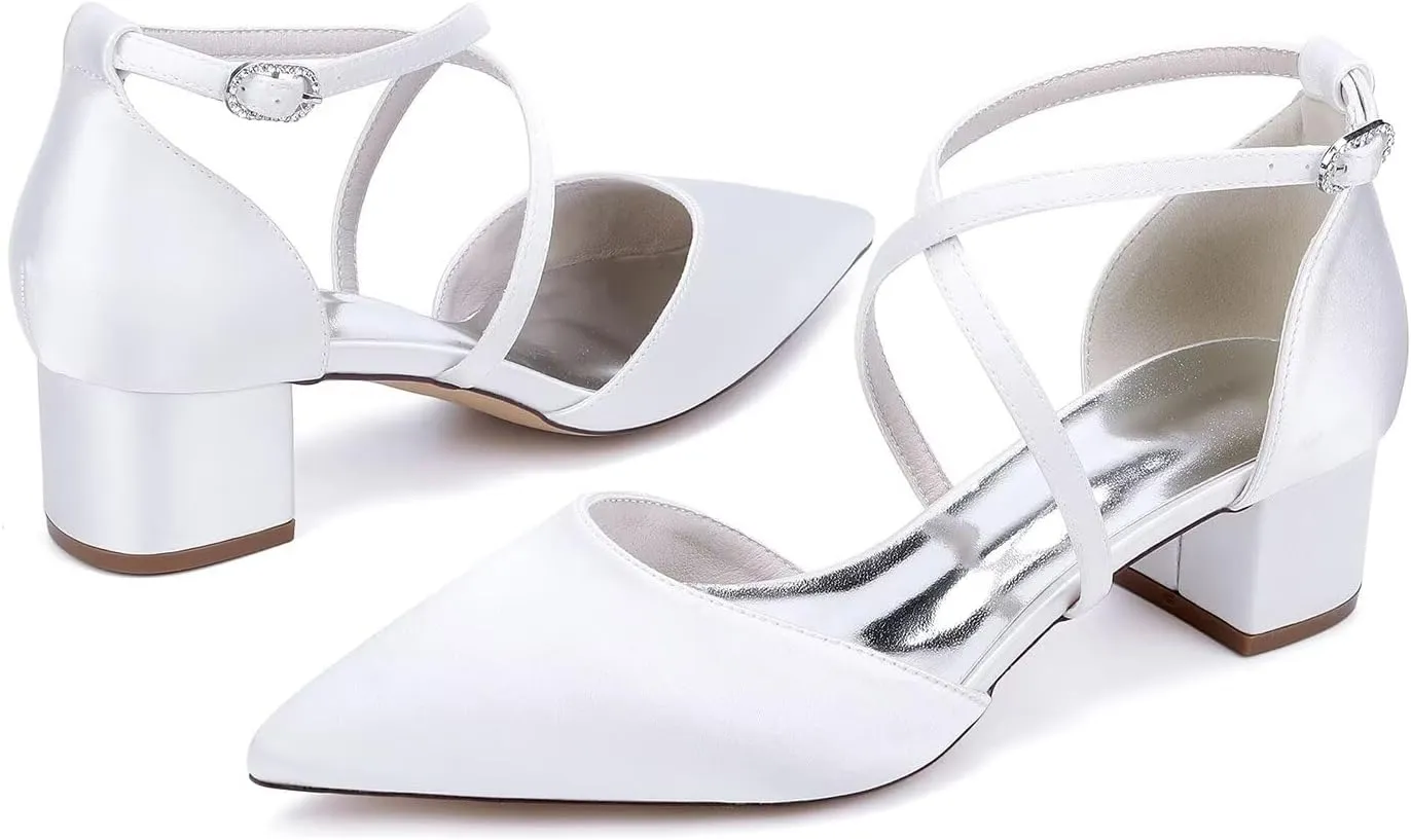 Women's Wedding Shoes for Bride Satin Pumps Low Chunky Block Heel Pointed Closed Toe Dress Shoes
