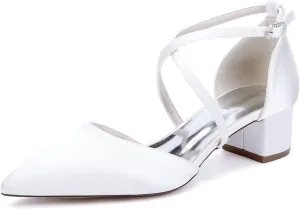 Women's Wedding Shoes for Bride Satin Pumps Low Chunky Block Heel Pointed Closed Toe Dress Shoes