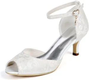 Women's Wedding Shoes Kitten Mid Low Heel Lace Satin Pumps with Buckle Bridal Shoes