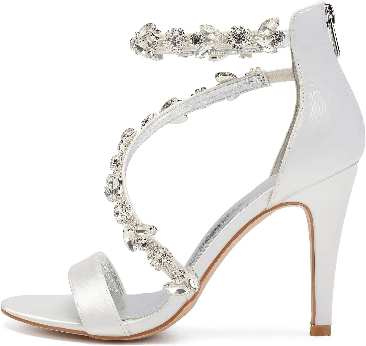 Women's Women's Open Toe Ankle Buckle Straps Pump Crystal Stiletto Sandals Heels Satin Wedding Bridal Shoes for Party Wedding