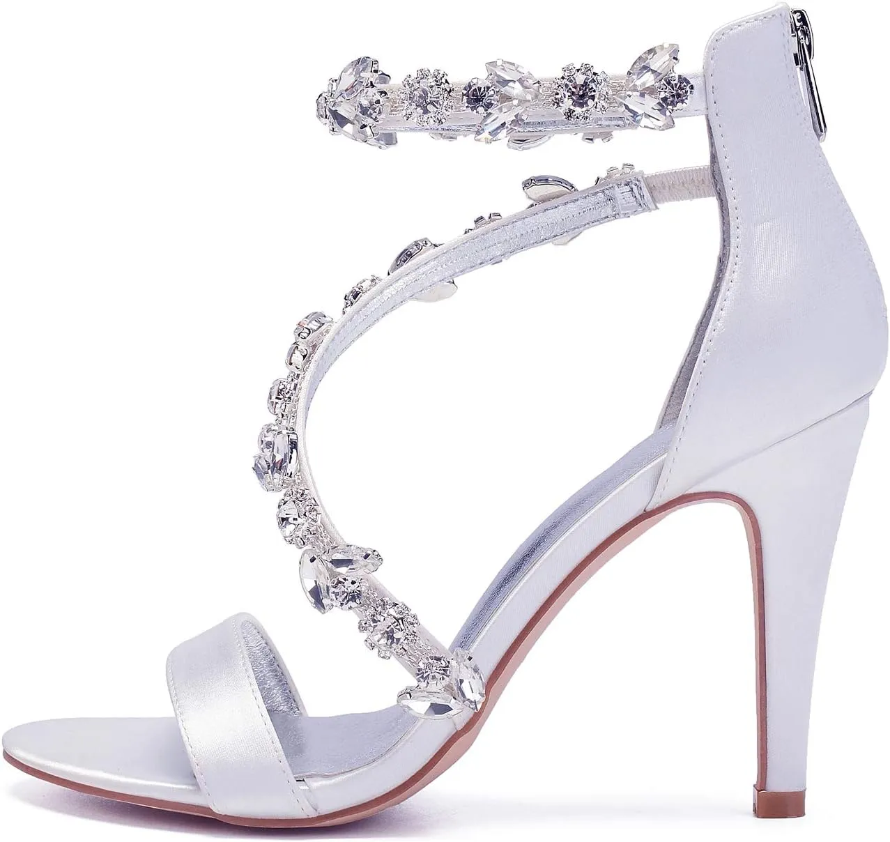 Women's Women's Open Toe Ankle Buckle Straps Pump Crystal Stiletto Sandals Heels Satin Wedding Bridal Shoes for Party Wedding