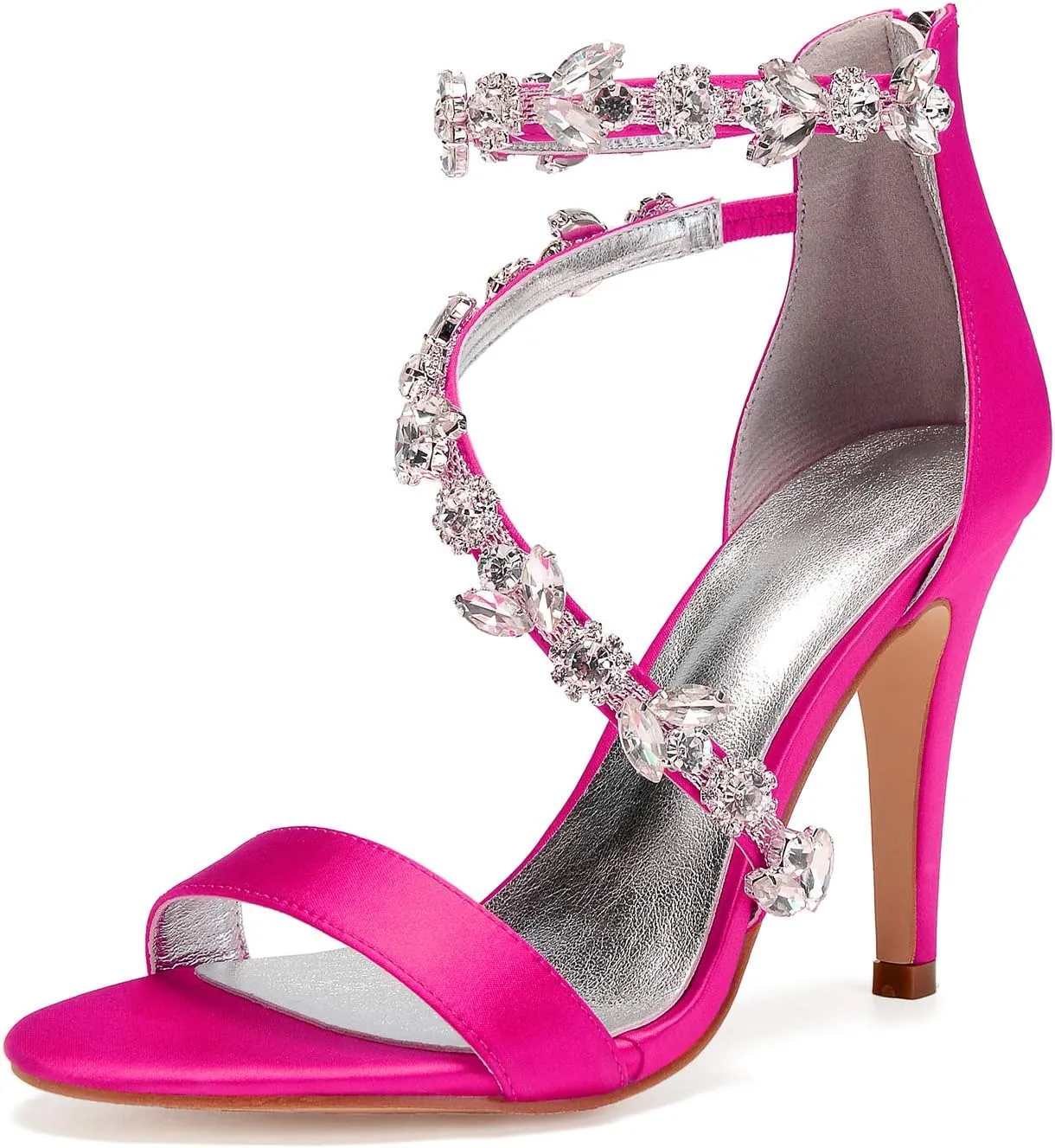Women's Women's Open Toe Ankle Buckle Straps Pump Crystal Stiletto Sandals Heels Satin Wedding Bridal Shoes for Party Wedding