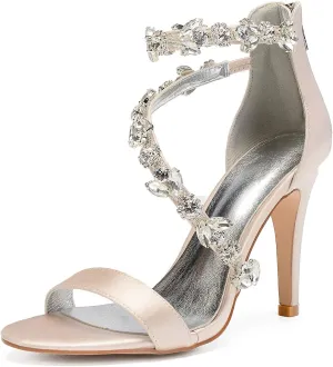 Women's Women's Open Toe Ankle Buckle Straps Pump Crystal Stiletto Sandals Heels Satin Wedding Bridal Shoes for Party Wedding
